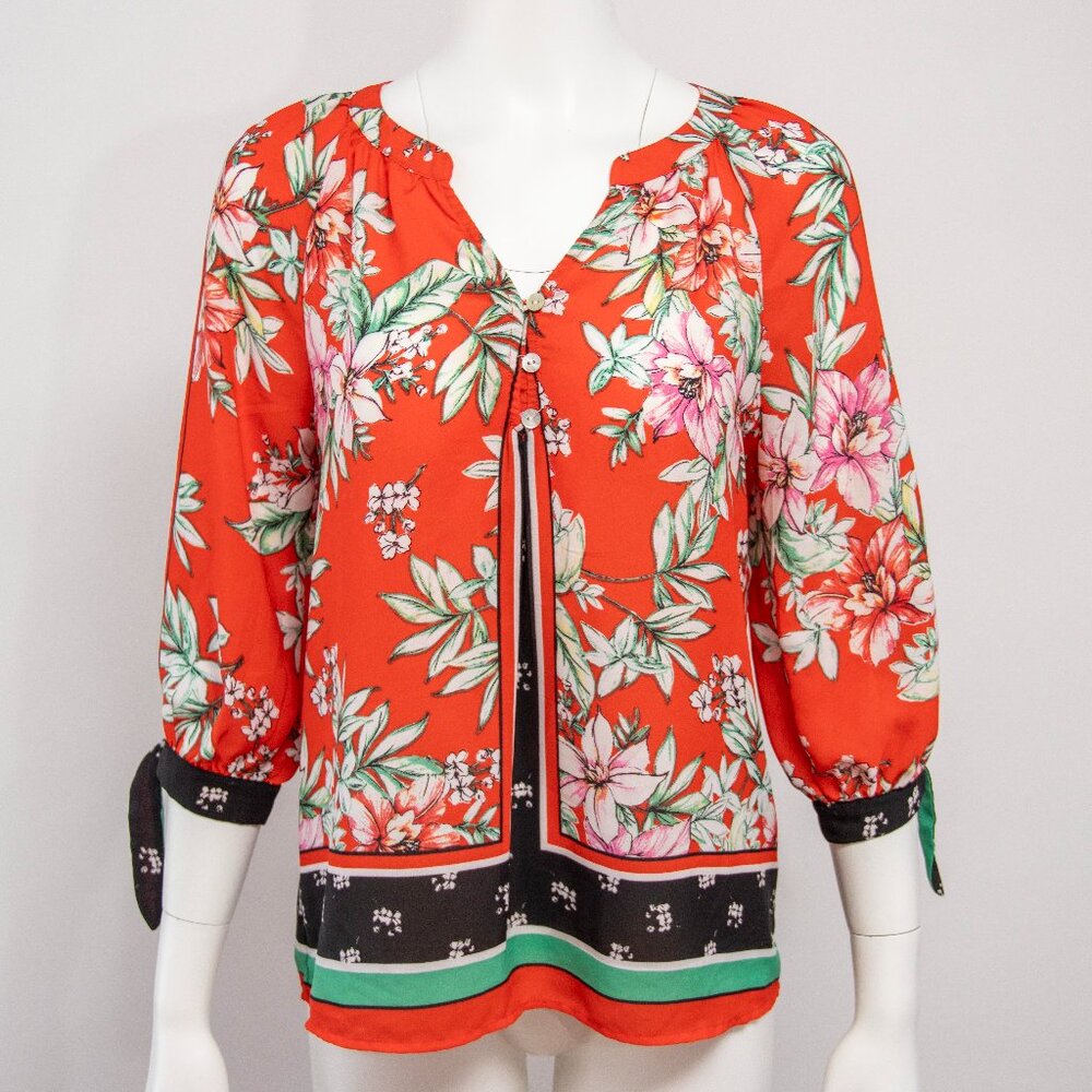 fig and flower Tunic with Floral Design Tie Cuffs Size Petite Medium